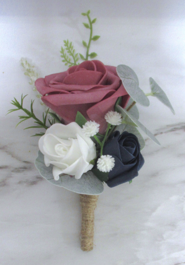 dusty rose buttonhole, artificial buttonhole in dusty rose